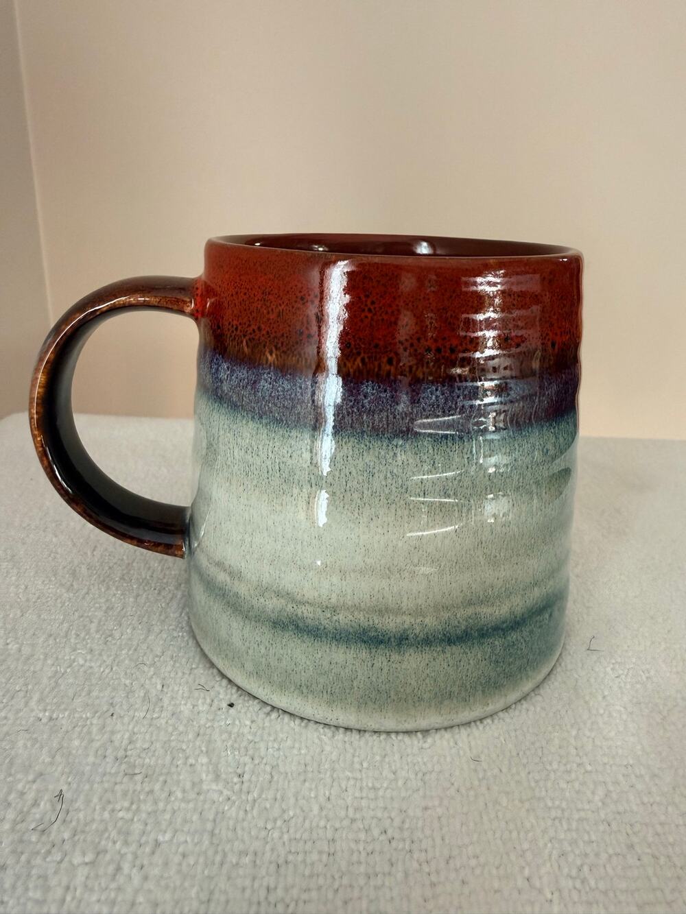 Large 16.5 oz Coffee Pottery Mug, Kiln Altered Craft NWOT Red, Blues, and Grays